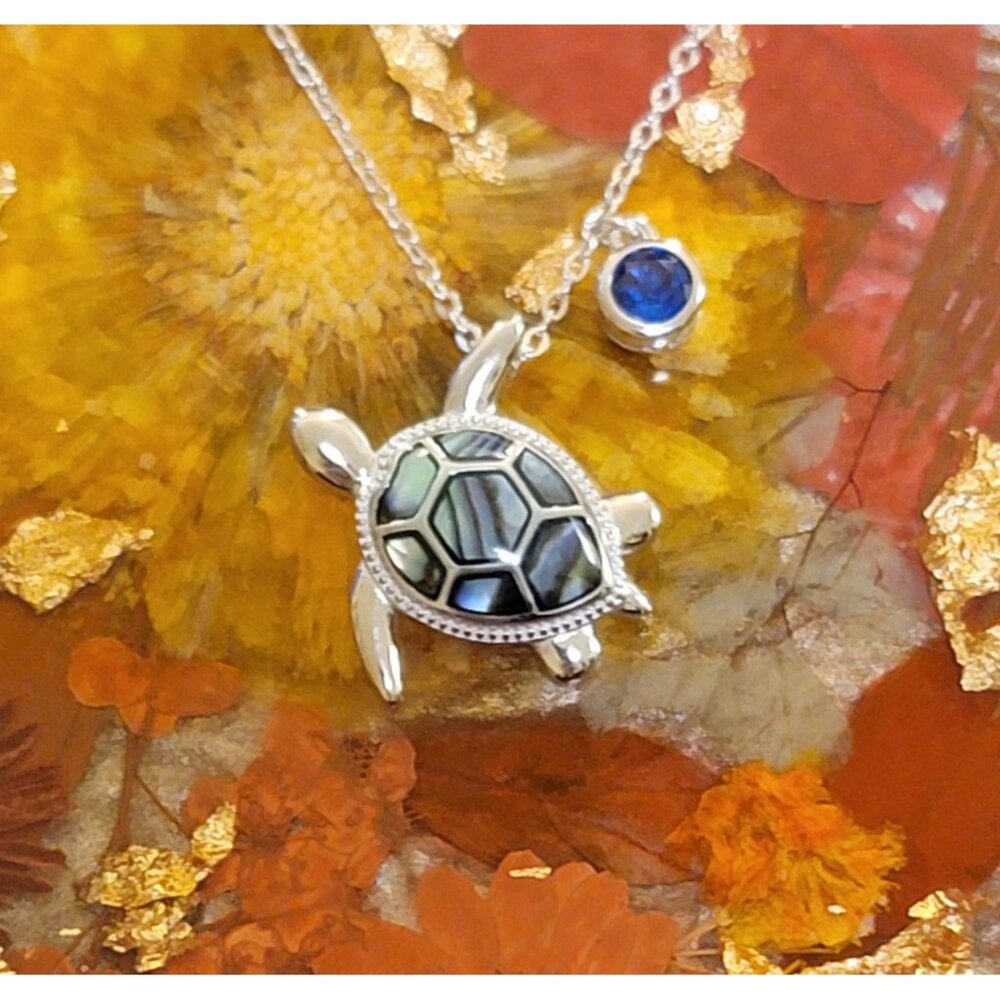 Sterling Silver Sea Turtle Necklace Sapphire CZ Abalone 18in NWT